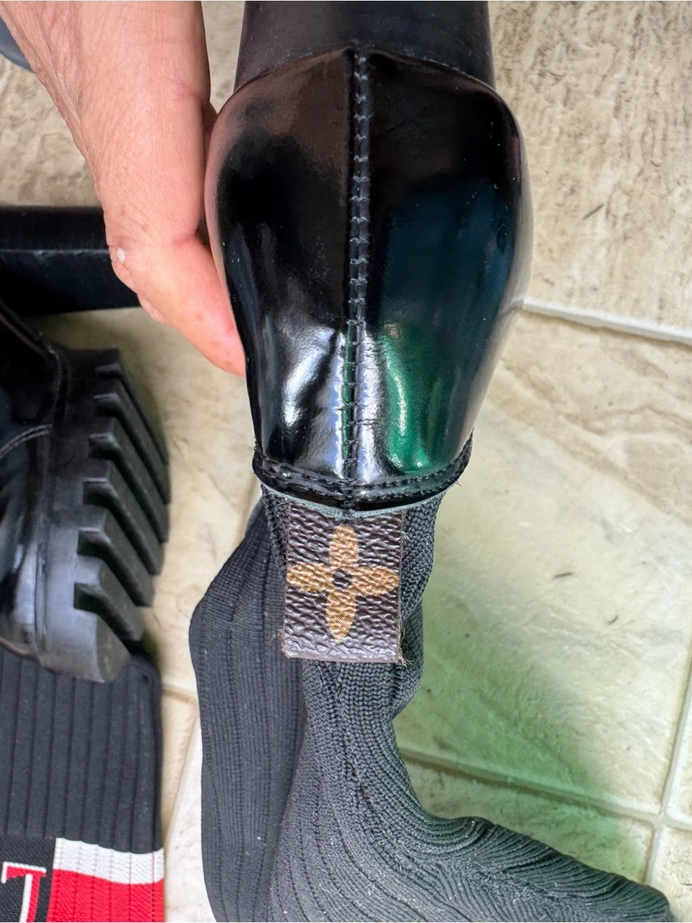 Louis Vuitton Black Over-the-Knee Platform Sock Boots with Red & White Cuff